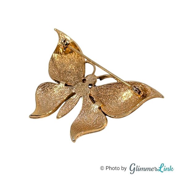 Vintage Black Enamel Butterfly Brooch with Green Cabochon & Clear Rhinestones - Picture 5 of 6
